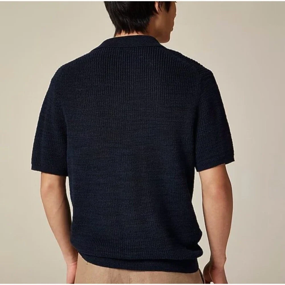 J Crew MEDIUM Navy Indigo Stretchy Knit Short sleeve Collar Sweater Polo NEW